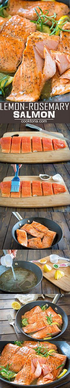 salmon being cooked in pans on a wooden table