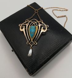 "Please check my own website at www.elegantium.co.uk for my best prices :-) A fabulously designed Jugendstil / Art Nouveau pendant necklace c1900 made in Pforzheim, Germany, which was imported into London in 1904. The UK import stamps are clear to see, as is the importer's mark in a triangle \"MS\" for Max Stollsteimer. He was a German based in England,  who operated very much like the Murrle Bennett company, including importing beautiful Jugendstil designs into the UK from Pforzheim. His pieces Art Nouveau Gold Necklace With Gemstone, Art Deco Pearl Pendant Jewelry, Art Deco Pearl Pendant Jewelry For Gift, Art Deco Pearl Pendant Necklace As Gift, Heirloom Turquoise Necklace As Gift, Heirloom Turquoise Necklace For Gift, Art Nouveau Jewelry Necklace, Art Nouveau Jewellery, Bird Skull Jewelry