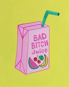 a painting of a pink bag with a green straw sticking out of it's side