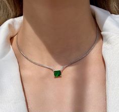 Emerald Dainty Tennis Choker *925 Sterling Silver  *Cz Gemstone *Handmade Jewelry  If you have a question you can contact to me everytime 🌟 Tennis Choker Necklace, Neck Pieces Jewelry, Diamond Jewelry Designs, Dope Jewelry, Emerald Pendant, Classy Jewelry, Tennis Necklace, Jewelry Design Necklace, Emerald Jewelry