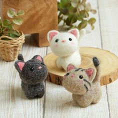 three small stuffed animals sitting on top of a wooden table next to a potted plant