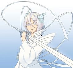 an anime character with white hair and wings holding two swords in one hand while looking at the camera