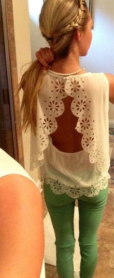 open back lace top with colored skinnies. So cute! Look Formal, Cute Cuts, School Looks, Green Pants, Mode Inspo, Looks Style, Girly Girl, Beautiful Fashion, Style Me Pretty