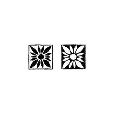 two black and white square designs on a white background, each with a flower in the center