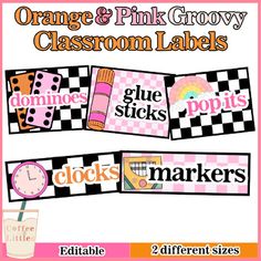 two different pink and black classroom labels with the words clocks, markers, and other items