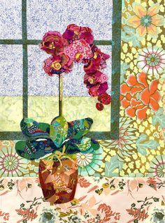 a vase filled with flowers sitting in front of a window covered in colorful wallpaper