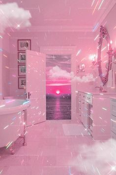 a bathroom with pink walls and white floors