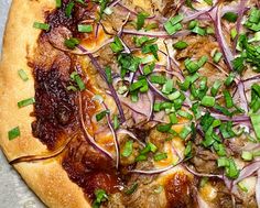 a pizza with onions, meat and scallions on it