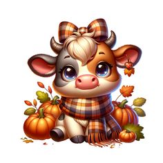 a cute little cow sitting next to some pumpkins