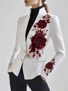 Women Suits Wedding, Ombre Prom Dresses, Unique Jackets, Smart Casual Wear, Office Wear Women, Blazer Designs, Collar Designs, Abayas Fashion, White Blazer