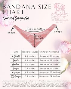 the bandana size chart is shown with instructions for how to tie it and how to use