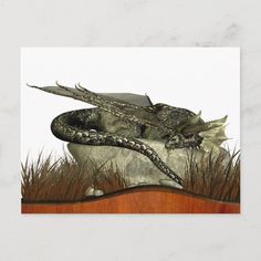 a drawing of a dragon sitting on top of a rock in the middle of grass