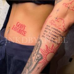 two women with tattoos on their arms that say god's favorite and another saying god's favorite