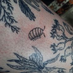 a close up of a person's arm with tattoos on it and an insect