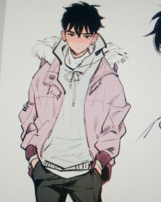 an anime character is wearing a pink jacket and black pants, while the image has been drawn