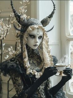 a woman dressed in black and white holding a tea cup with horns on her head