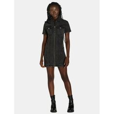 Who doesn't love a denim moment? This Liv & Lottie Zip-Up Mini Denim Dress is the perfect mix of casual and dressy. Pair it with some sneakers and a cute crossbody bag and you're ready for whatever the day may bring. You can also add boots for your own Cowboy Carter-inspired take. This short-sleeve dress is crafted with stretch for added comfort with a zip front for a secure fit. Size: M.  Color: Black.  Gender: female.  Age Group: adult. Spring Black Mini Denim Dress, Cheap Short Sleeve Non-stretch Denim Dress, Black Denim Dress With Button Closure, Mini Denim Dress, Chic Denim Mini Dress With Button-up Front, Cowboy Carter, Medium Wash Button-up Denim Dress With Pockets, Cute Crossbody Bags, Womens Denim Dress