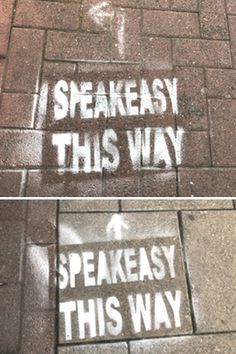 two pictures with words written on them in white spray paint next to a brick sidewalk