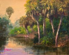 an oil painting of trees and water with pink flamingos in the foreground on a beige background