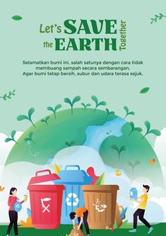 an advertisement for save the earth campaign with people picking up trash cans and recycling them