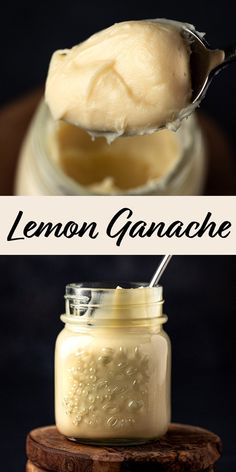 a spoon full of lemon ganache sitting on top of a jar