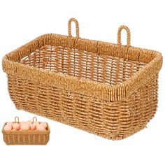 a wicker basket with two eggs in it next to an egg holder and the lid