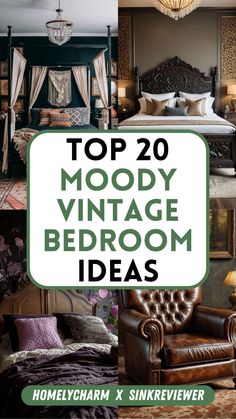 the top 20 moody vintage bedroom ideas cover is shown in green and brown tones