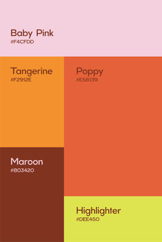 the color scheme for baby pink, tangerine, poppy and marron is shown