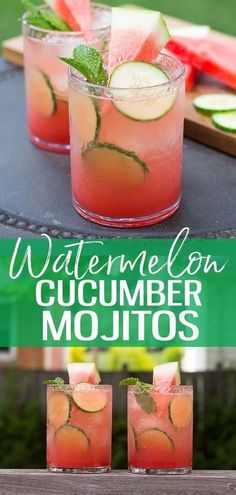 watermelon cucumber mojitos are served in glasses with minty garnish