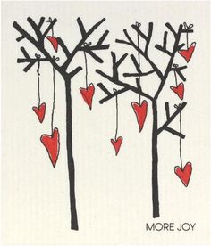 two trees with red hearts hanging from them and the words more joy written in black ink