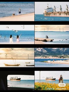 several pictures of people on the beach with boats in the water and seagulls flying around