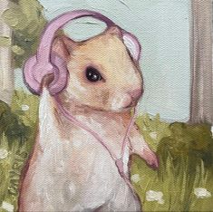 a painting of a hamster with headphones in its ears sitting on the grass