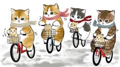 four cats are riding on bicycles in the snow