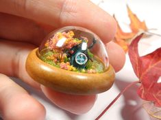 a hand holding a glass ball with a miniature car inside it on top of grass and leaves