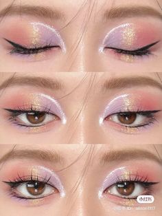 Bridesmaid Makeup Purple, Pink Make Up Look, Glitter Eyeshadow Looks, Elf Hair, Festival Make Up, Bentuk Alis, Doll Eye Makeup, Cute Eye Makeup, Korean Eye Makeup