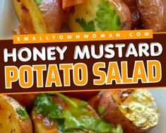 there is a white plate with potatoes and other food on it that says honey mustard potato salad