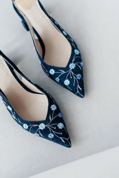 Navy Blue Slingback Wedding Pumps With Handmade Flower Embroidery and Low Block Heel, Something Blue Suede Bridal Shoes With Pointy Toe - Etsy Ukraine Blue Bridal Shoes Low Heel, Bridal Shoes Low Heel Blue, Embroidered Low Heel Wedding Shoes, Spring Wedding Shoes Blue Pointed Toe, Blue Bridal Shoes Block Heel, Low Wedding Heels, Blue Wedding Shoes For Bride, Blue Wedding Shoes Low Heel, Blue Heels Outfit