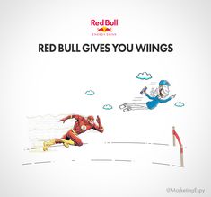 red bull gives you wings poster with cartoon character flying over the ground and another man running behind him