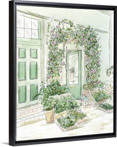 watercolor painting of potted plants in front of a green door