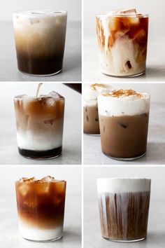 four different types of iced coffee in cups