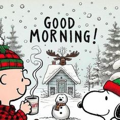 a charlie brown christmas card with snoopy drinking coffee and snowman on the ground