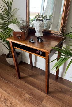 "Antique flat top desk with Iron fittings and a large cubby space-circa 1900.  This fantastic piece of history can be used in a multitude of ways:  - A great mudroom / entryway table as shown, nice and sturdy with no worries about scuffs and scratches. *Make your own charging station by adding a power strip in the cubby for cords!  - Obviously great as a desk, it works well for your printer or microwave with storage for paper or cookbooks below.  - Use as a TV stand with the cable box below or set a lamp and mirror on top as a vanity. *A small hole could easily be drilled into the back for wires.  MEASUREMENTS (Approx): 30.5\" Tall 26\" Wide 18\" Deep (from front to back) CONDITION: Very Good Antique Used Condition. Heavily built, amazingly sturdy. There is finish wear appropriate to its' Entryway Table Small, Vintage Desk Ideas, Antique Entry Table, Front Door Table, Small Apartment Entryway, Cottage Desk, Small Entry Tables, Rustic Entryway Table, Antique Bedside Tables