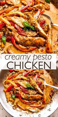 creamy pesto chicken with red peppers and green onions