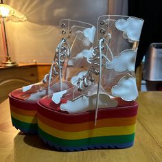 These Were Never Worn Outside, Good Condition Platforms. Women’s Size 5. Smoke/Pet Free Home. Thanks For Looking! Rainbow Platform Heels With Round Toe, Rainbow Round Toe Platform Heels, Clowncore Shoes, Rainbow Heels, Rainbow Clouds, Platform Shoes Heels, Punk Boots, Crochet Style, Character Traits