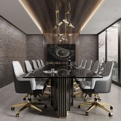 a large glass table surrounded by chairs in a room with brick walls and floor to ceiling windows