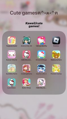 an iphone screen showing the cute game icons on it's back side, with hello kitty and other cartoon characters in the background