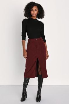 Burgundy Midi Skirt - Corduroy Midi Skirt - Midi Skirt - Lulus Burgundy Skirt Outfit, Burgundy Midi Skirt, Corduroy Skirt Outfit, Corduroy Midi Skirt, Burgundy Skirt, Midi Skirt Outfit, Lulu Fashion, Skirts With Boots, Winter Skirt