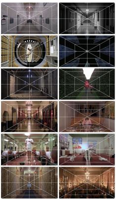 multiple images of the inside of a building with mirrors and lights on them, all showing different rooms