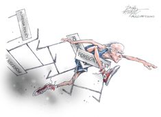 a cartoon drawing of an old man jumping over a barrier with his feet in the air