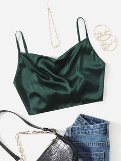 Satin Crop Top Outfits, Dark Green Top Outfit, Silk Top Outfit, Surprise Dance Outfits, Green Satin Top, Green Top Outfit, Sparkly Crop Top, Emerald Green Top, Green Silk Top